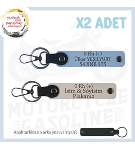 Motorcu Tarzına Özel İsim Plaka ve 0 Rh (+) Kan Grubu Yazılı Hediyelik x2 Anahtarlık, Pudra-Mavi-Syh (Çok Renkli)