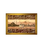 İstanbul ve Gemi Motifli Kanvas Tablo 80 x 110 cm Gold Çerçeve