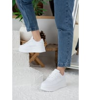 Günlük Kadın Sneaker Bağcıklı Hafif Kalın Yüksek Tabanlı Yürüyüş Nefes Alan Spor Ayakkabı 451 (Beyaz)