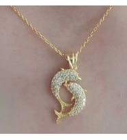 Gümüş Gold Çift Yunus Balığı Kadın Kolye