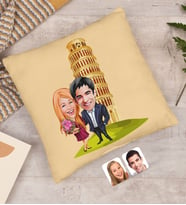 BK Gift Kişiye Özel Sevgililer Pisa Kulesi Karikatürlü Beyaz Yastık-1