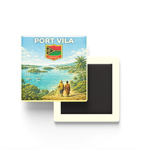 Retro Vanuatu Port Vila Şehri Temalı Vintage Buzdolap Magneti – 9x9 cm