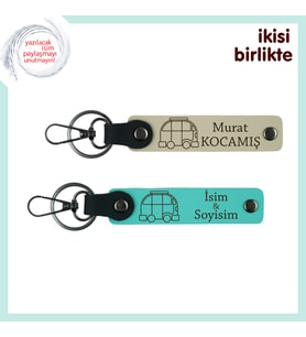 Karavanla Kurulan Anılara Özel, İsme Özel Deri Anahtarlık 2’li Set, İsim Yazılı, Sütlü Kahve-Turkuaz