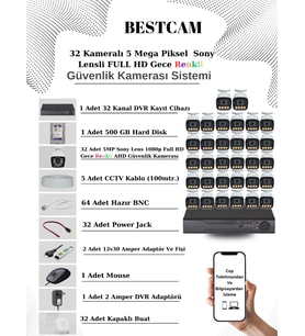 BESTCAM 32 Kameralı Set 5 Mega Piksel Sony Lensli FULL HD Gece Görüşü Renkli Güvenlik Kamera Seti 500 GB HDD