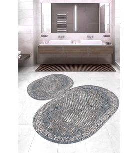 Dijital Baskılı Kaymaz Taban Yıkanabilir Oval 2'li Klozet Takımı Banyo Paspası NOKZ-HT-250 (Gri)