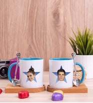 Kişiye Özel Mavi Yıldız Kafa Fotoğraflı İkili Ahşap Altlıklı Mavi Kupa