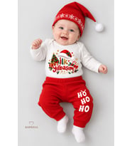 Bebek Yılbaşı Takımı İlk Yılbaşım Baskılı Noel Kıyafeti %100 Pamuk 3'lü Body Pantolon Noel Şapkası Yılbaşı Kostüm