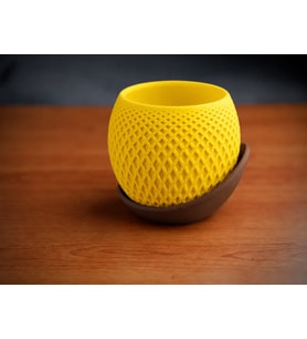 3D Baskı Küre Saksı - Kafes Dokulu İki Parçalı Dekoratif Saksı - Sarı-Kahverengi