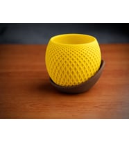 3D Baskı Küre Saksı - Kafes Dokulu İki Parçalı Dekoratif Saksı - Sarı-Kahverengi