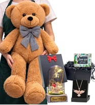 Kahve Büyük Boy Peluş Ayıcık, Size Özel Işıklı Fanus ve Anka Kuşu Kolye (Model 1)