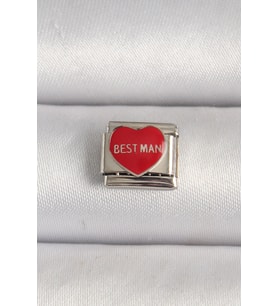 316L Çelik Gümüş Renk 'Best Man' Yazılı Kırmızı Kalp İşlemeli Nomination Charm TJ-BC1208