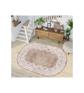 Rovigo Home Dijital Baskı Yıkanabilir Kaymaz Taban Oval Salon Halısı RVG7186-HK104 (Kahverengi)