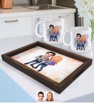 BK Gift Kişiye Özel Sevgililer Karikatürlü Doğal Ahşap Tepsi ve 2’li Kupa Bardak Seti-50