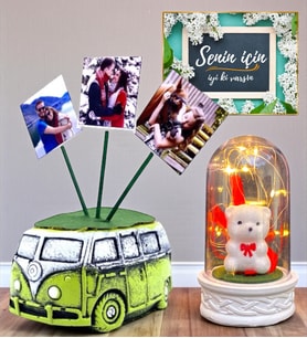 Kişiye Özel Hediye Seti 3 Fotoğraflı Yeşil Vosvos Saksı ve Led Işıklı Fanus (Model 5)