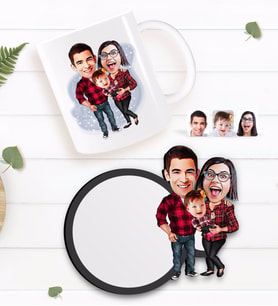 BK Gift Kişiye Özel Aile Karikatürlü Beyaz Kupa ve Ahşap Bardak Altlığı Hediye Seti-2