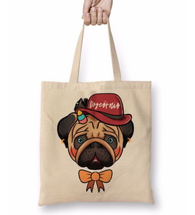 Pug Köpek Bez Çanta Uzun Saplı
