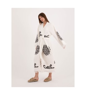 Müslin Kimono %100 Pamuklu Leopar Baskılı Desenli Bornoz Kaftan Sabahlık (Siyah)