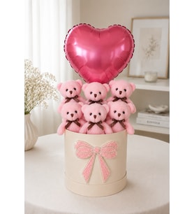 Peluş Ayıcık Buketi 6'lı Pembe Peluş Ayıcık Kalpli Balonlu İnci Fiyonklu Hediye Kutusu Doğum Günü Hediyesi