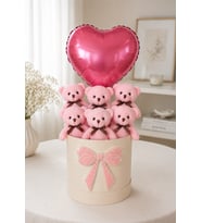 Peluş Ayıcık Buketi 6'lı Pembe Peluş Ayıcık Kalpli Balonlu İnci Fiyonklu Hediye Kutusu Doğum Günü Hediyesi