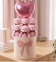 Peluş Ayıcık Buketi 6'lı Pembe Peluş Ayıcık Kalpli Balonlu İnci Fiyonklu Hediye Kutusu Doğum Günü Hediyesi