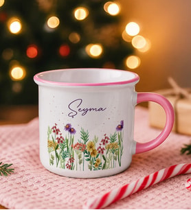 BK Gift Kişiye Özel Çiçek Tasarımlı Pembe Emaye Kupa Bardak -7, Arkadaşa Hediye, Sevgiliye Hediye