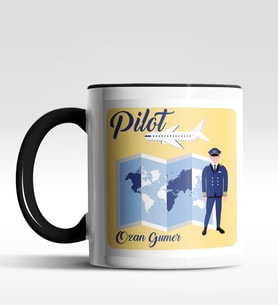 Kişiye Özel Pilot Tasarımlı Siyah Kupa (Siyah - Beyaz)