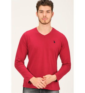 T8587 DEWBERRY V YAKA ERKEK UZUN KOL T-SHIRT-BORDO