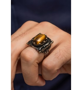 Kaplan Gözü Taşlı Elif Vav Motif 925 Gümüş Erkek Yüzük