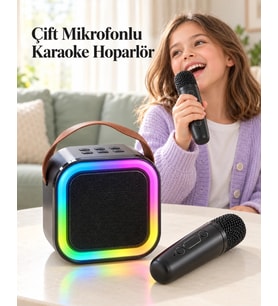 Renkli Led Aydınlatmalı Taşınabilir Bluetooth Hoparlör Ve 2 Mikrofon Seti