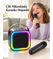 Renkli Led Aydınlatmalı Taşınabilir Bluetooth Hoparlör Ve 2 Mikrofon Seti