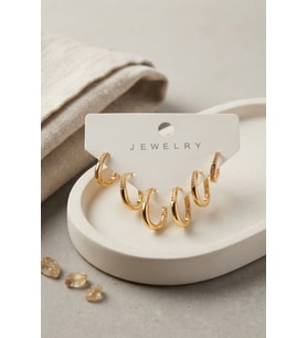 Gold Renk Zirkon Taşlı Pirinç İnce Kare Halka Model Kadın Küpe Seti
