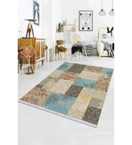 Mavi Patchwork Dokuma Pamuk Taban Kaymaz Kilim KLM067