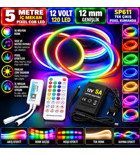 5M 12V 12mm 120 Ledli İç Mekan Pixel Cob Led 5A Laptop Adaptör SP611 Tek Çıkış Pixel Kumandalı Set