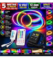 5M 12V 12mm 120 Ledli İç Mekan Pixel Cob Led 5A Laptop Adaptör SP611 Tek Çıkış Pixel Kumandalı Set