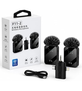 DENSHİ F11-2 Kablosuz Yaka Mikrofonu 2'li Set, 3'ü 1 Arada Alıcı (Type-C, Lightning, 3.5mm), Android iPhone Kamera Uyumlu, Gürültü Engelleme, Vlog Röportaj Podcast Yayın Mikrofonu