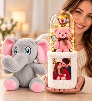 Kişiye Özel Fotoğraflı LED Işıklı Fanuslu Ayıcık Buketi ve Peluş Fil Hediye Seti