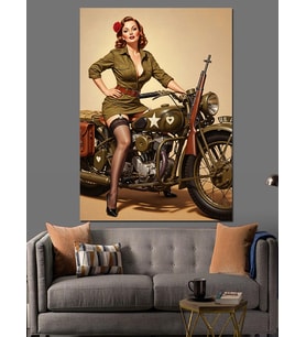 Vintage Motosikletli Pinup Kız Dekoratif Kanvas - Mdf Ahşap Tablo