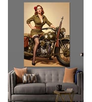 Vintage Motosikletli Pinup Kız Dekoratif Kanvas - Mdf Ahşap Tablo