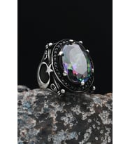 Ay Yıldız Figürlü Ay Yıldızlı (AY YILDIZ) 925 Ayar Gümüş Erkek Yüzüğü Mistik Topaz Taşlı 901538