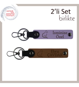 Kedili Takı Kombinlerine Tamamlayıcı, İsme Özel Deri Anahtarlık, Mor Menekşe-Açık Kahve