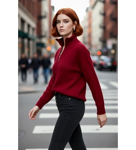 Kadın Oversize Düşük Kol Fermuarlı Dik Yaka Triko Selanik Örgü Basic Uzun Kollu Kazak Kaliteli