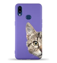 Samsung Galaxy A10s Uyumlu Lansman Kılıf Catface Tasarımlı İçi Kadife Kapak-Mor (Şeffaf)