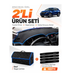 e-biz HONDA HR-V (2016-2020) Uyumlu Torpido Örtüsü + Deri Bagaj Çantası Seti - Siyah-Mavi - HO021