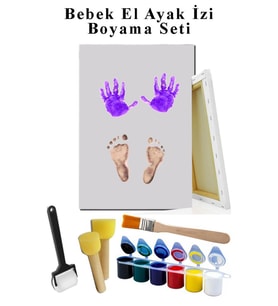 Bebek El Ayak İzi Tuval Boyama Seti 25x35 cm 1 Paket Parmak Boyası Zemin Fırça Rulo Fırça Ponpon Fırça Hatıra Seti (Beyaz)