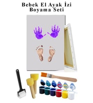 Bebek El Ayak İzi Tuval Boyama Seti 25x35 cm 1 Paket Parmak Boyası Zemin Fırça Rulo Fırça Ponpon Fırça Hatıra Seti (Beyaz)