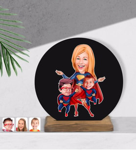 BK Gift Kişiye Özel Süper Anne ve Çocuklar Karikatürlü Yuvarlak Ahşap Biblo-1