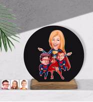 BK Gift Kişiye Özel Süper Anne ve Çocuklar Karikatürlü Yuvarlak Ahşap Biblo-1