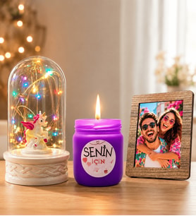 Kişiye Özel Fotoğraflı Renkli LED Işıklı Fanus (unicornlu) ve Kokulu Cam Mum Seti