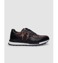 %100 Hakiki Deri Siyah Bağcıklı Kamuflaj Desenli Erkek Sneaker