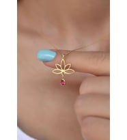 925 Ayar Gümüş Altın Kaplama Lotus Temmuz Ayı Doğum Taşı Kolye